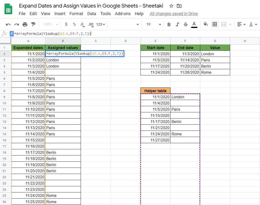 Nhập hàm ARRAYFORMULA | Cách mở rộng ngày và chỉ định giá trị cho ngày trong Google Sheets